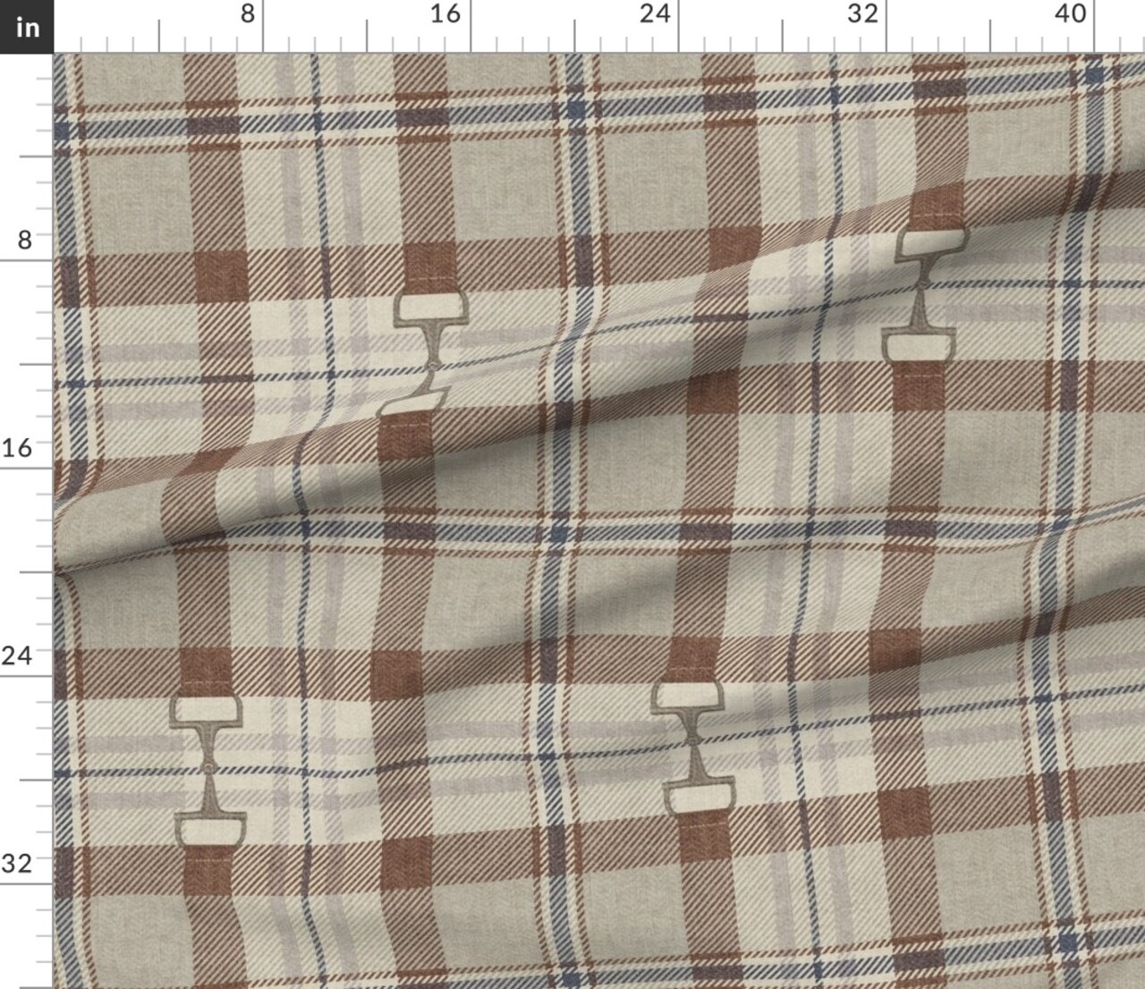 Equestrian Autumnal Plaid Heritage Cozy English Rustic Tartan Neutral Farmhouse Tack Room Snaffle Horse Bit Classic Traditional Brown Modern Custom Printed Fabric by Spoonflower Various Fabrics by the Yard or Fat Quarter